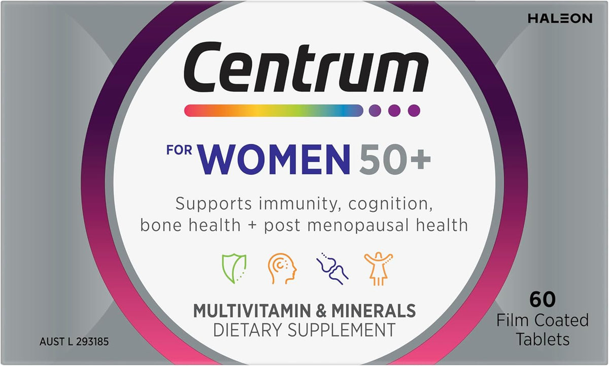 Centrum Women 50+, Multi Vitamin & Minerals Supplement, 60 Tablets | Supports Immunity, Cognition, Bone Health + Post Menopausal Health