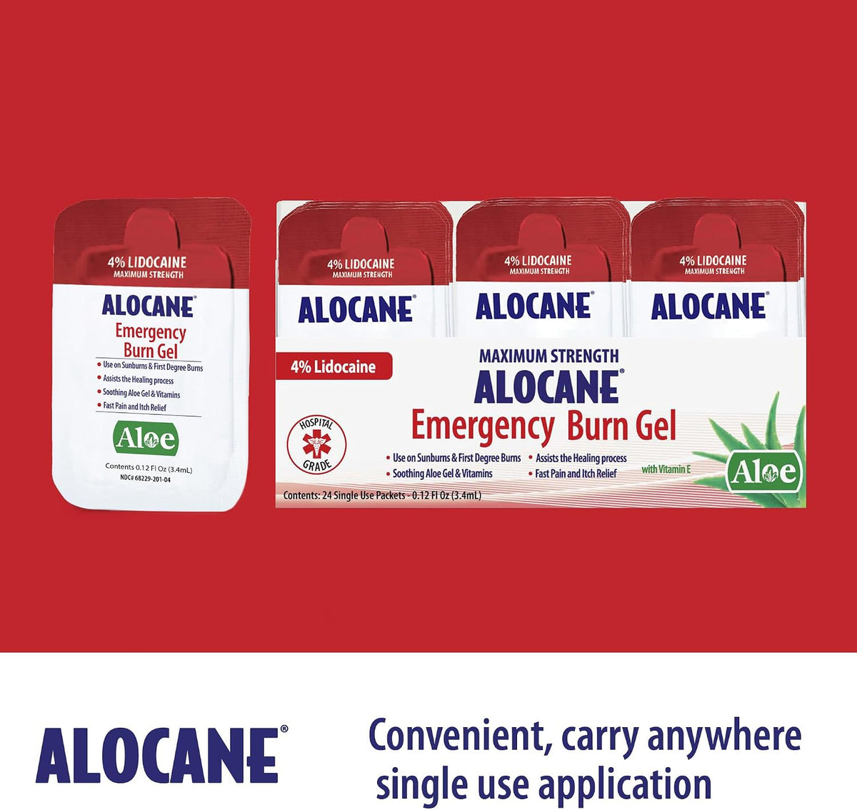 ALOCANE® Emergency Burn Gel Maximum Strength 4% Lidocaine Individual Use Packets,Commercial Grade, for Restaurants, Manufacturing, Other Heat Related Work environments, for Commercial Use Only, 24 Ct