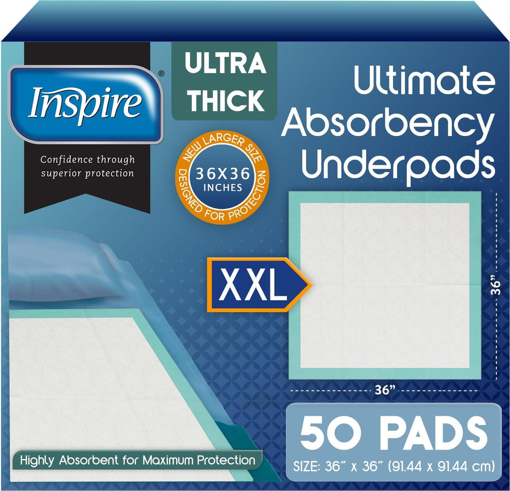 Inspire Extra Large Super Absorbent Disposable Bed Pads for Chronic Incontinence Ultra Thick and Absorbent Bed Pads Disposable Adult | Pee Pads for Adults (36" X 36" Pack of 50)