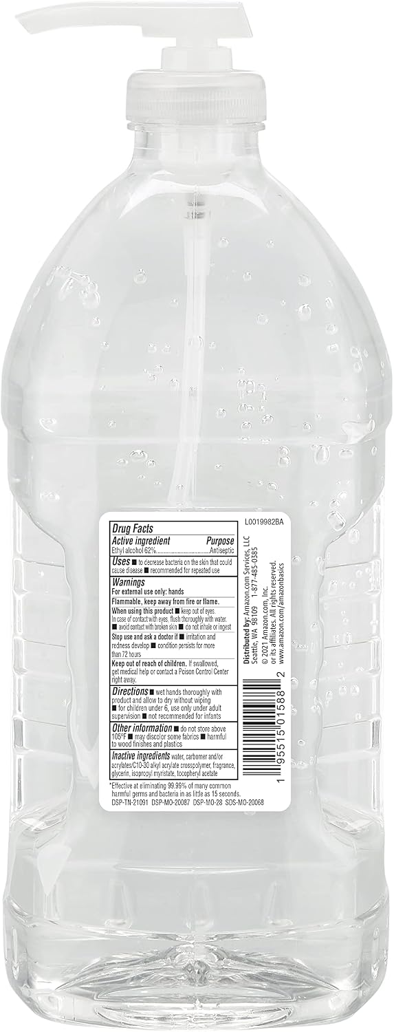 Amazon Basics Hand Sanitizer, Original Scent, Contains 62% Ethyl Alcohol, Moisturizing Formula, 67.60 fl oz, Pack of 1 (Previously Solimo)