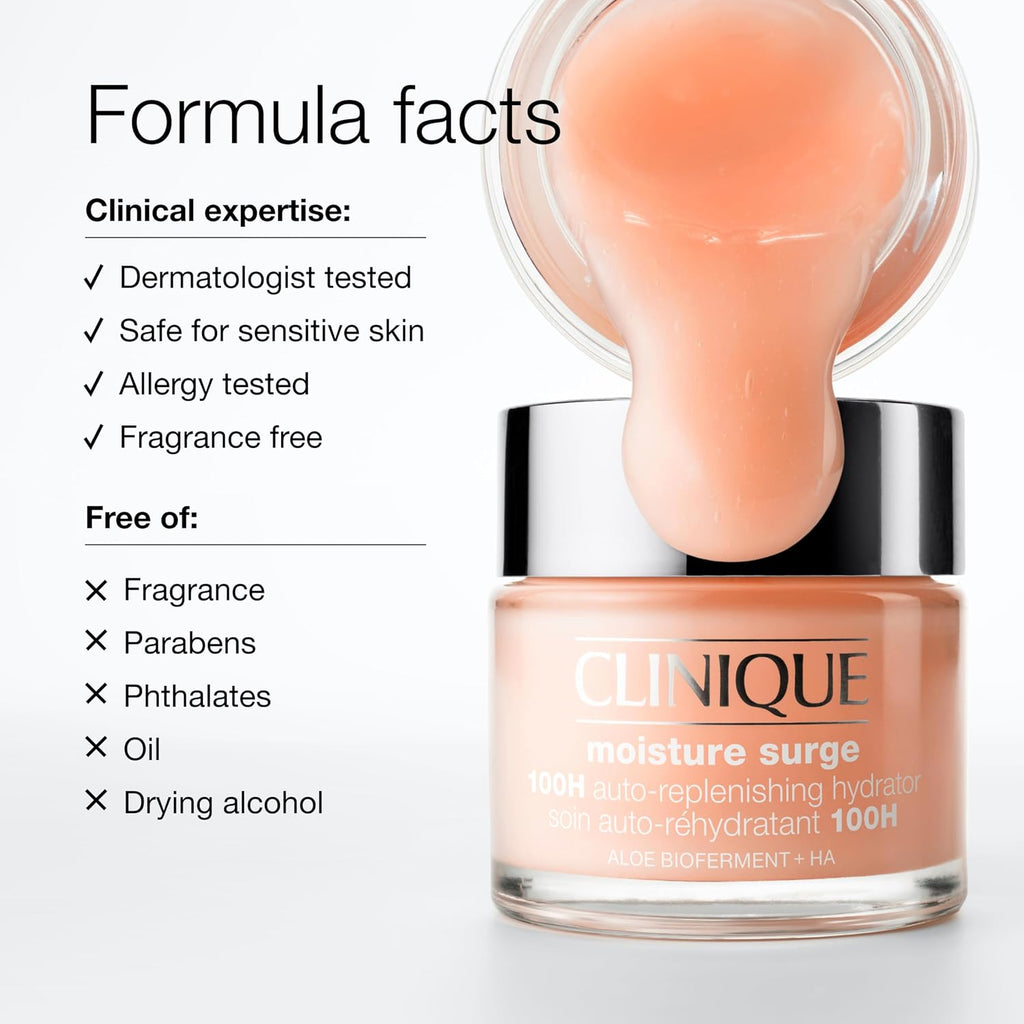 Clinique Moisture Surge 100H Auto-Replenishing Hydrator Oil Free Face Moisturizer | With Hyaluronic Acid, Aloe Bioferment and Vitamins C + E | For All Skin Types | Hydrating + Moisturizing