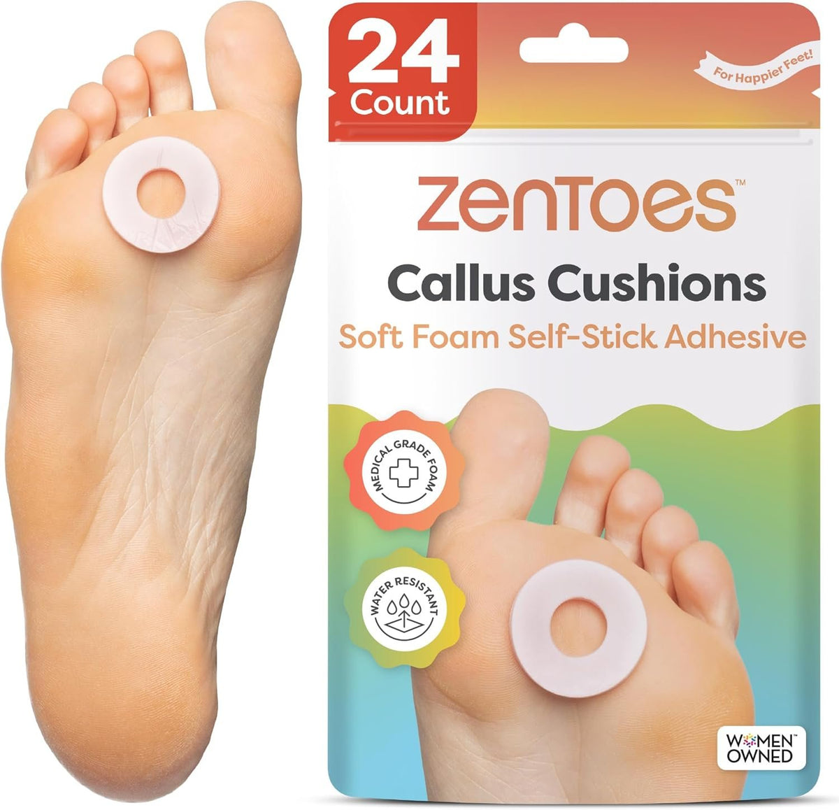ZenToes Callus Cushions, Water-Resistant Adhesive Corn Pads, 24 Count