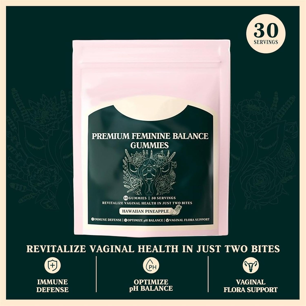 Premium Feminine Balance Gummies - for Women’s Health & Wellness - Immune Support - Vegan, Gluten-Free & Halal - Hawaiian Pineapple - 60 Gummies - 30 Servings
