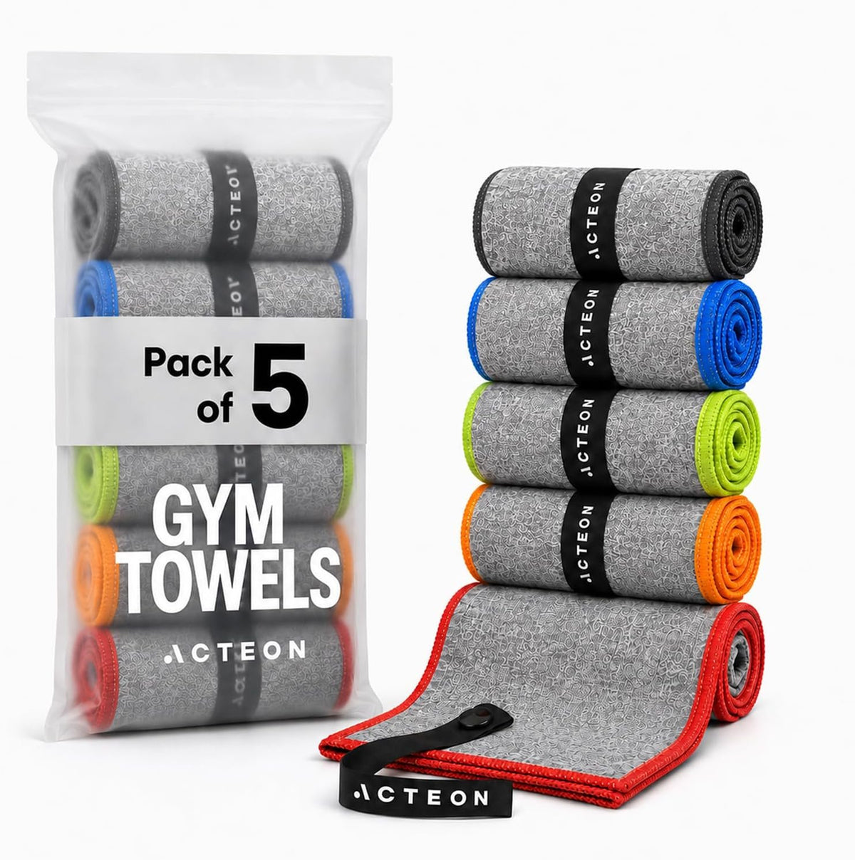 Acteon Microfiber Gym Towels 5 Pack, Quick Dry Silver ION Odor-Free Sweat Towel, Super Absorbent Fast Drying for Men & Women, Workout, Yoga, Running, Hiking, Travel – 16x30.5 Inch