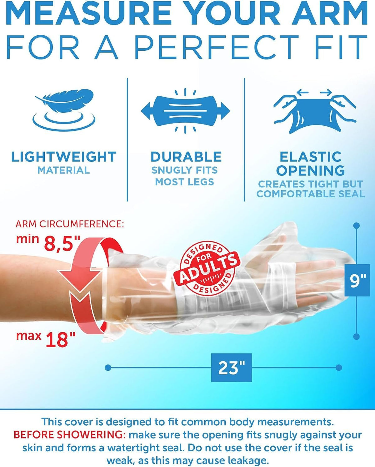 100% Waterproof Cast Covers for Shower Arm - 3pk - Tight Seal - Reusable | Adult Half Arm Cast Protectors - Hand, Wrist, Elbow - After Surgery Bandage and Dressing Cast Bag for Wounds and Burns