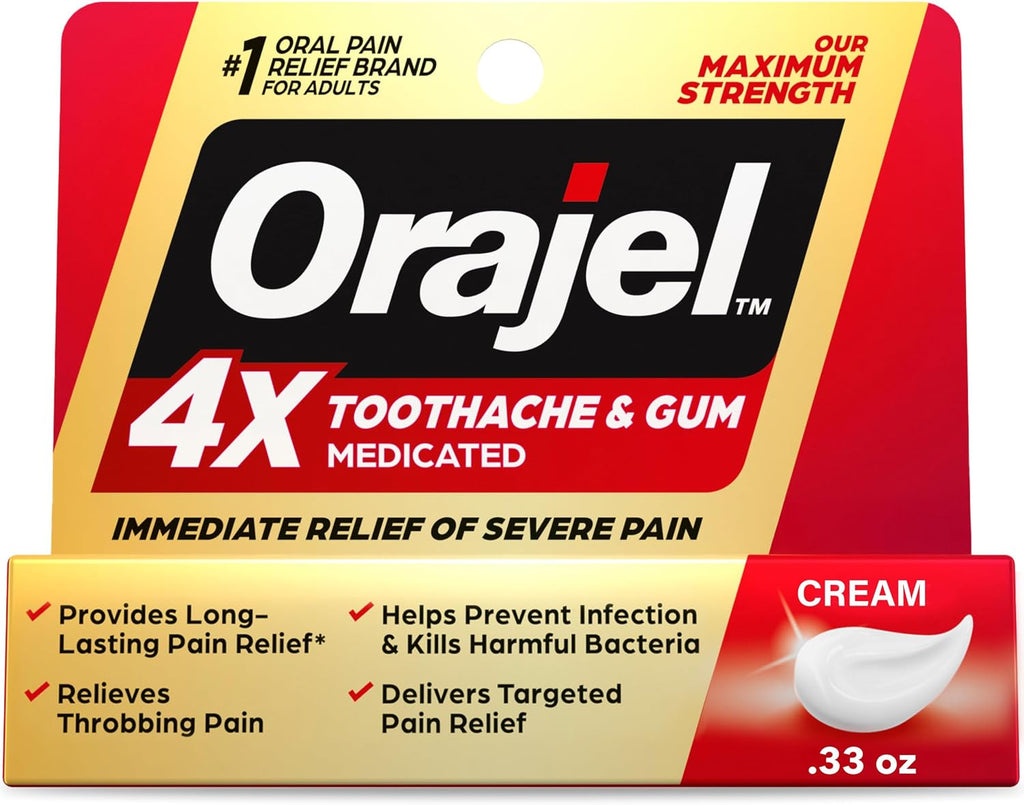 Orajel 4X for Toothache & Gum Pain: Severe Cream Tube 0.33oz- From Oral Pain Relief Brand
