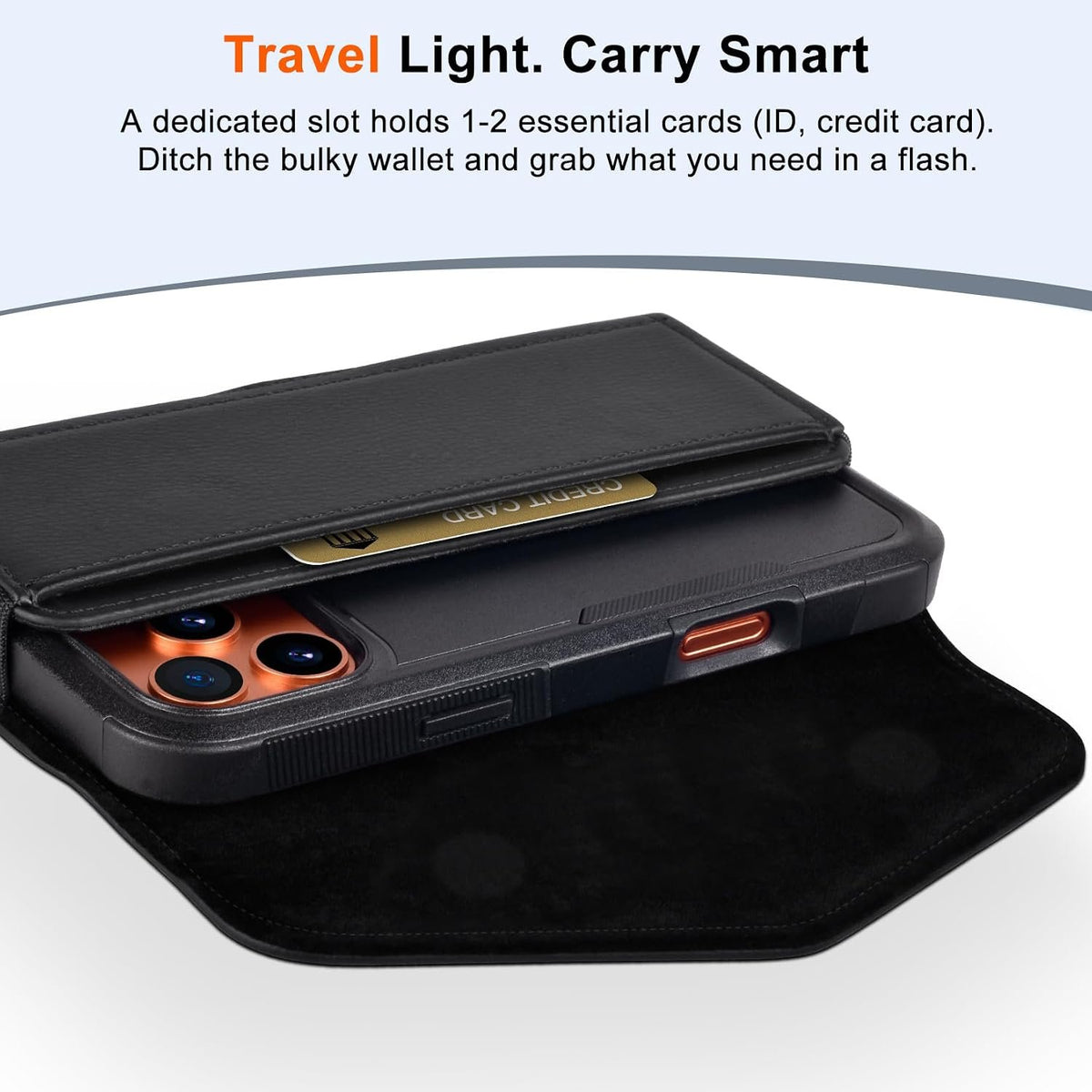 Leather Cell Phone Holster with Card Holder and Belt Clip Protective Case for iPhone Pro Max, Plus 17 16 15 14 13 12, Samsung Galaxy FE, Plus S26 S25 S24 S23 S22, L-Black