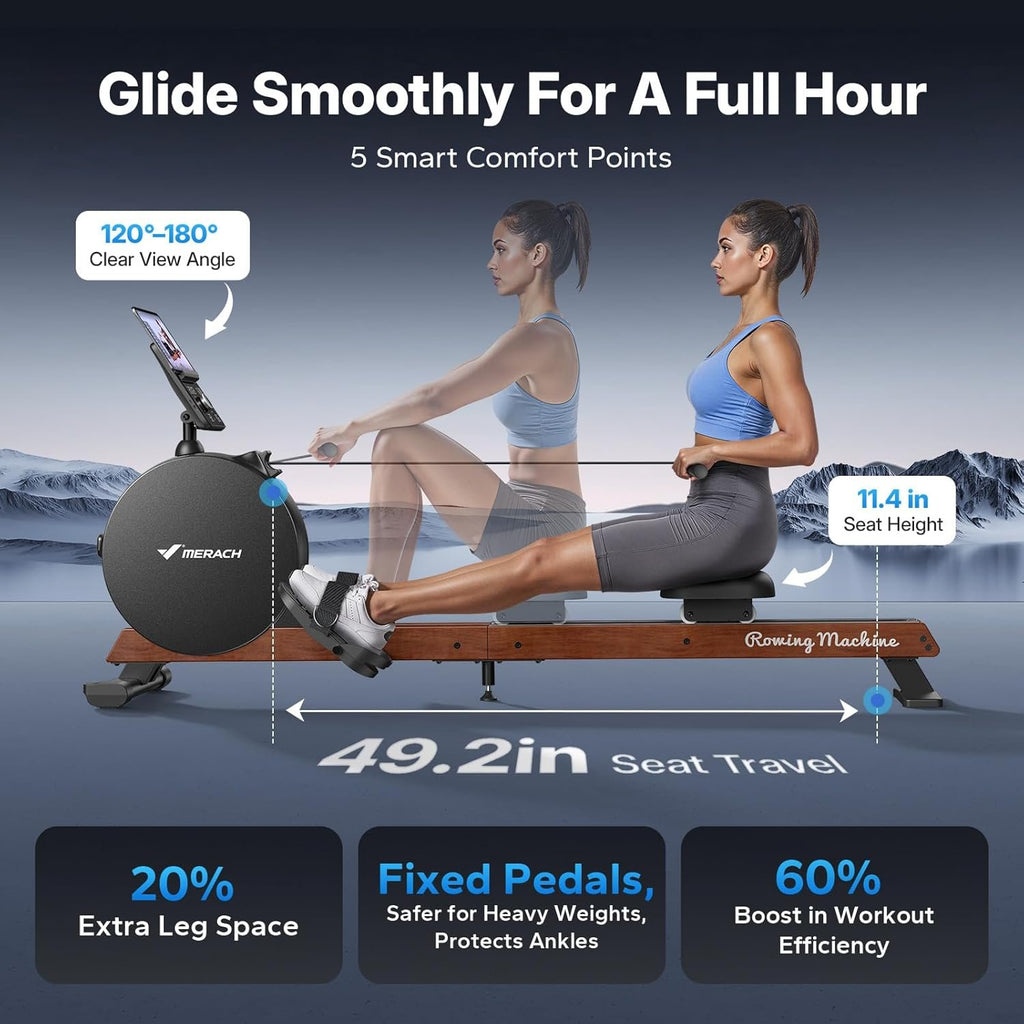 MERACH Pro-Grade Rowing Machines for Home, Smart Magnetic Rowing Machine with Self-Generation, Double Resistance and 400 LBS MAX Load, Wooden Tracks for Silent Sliding