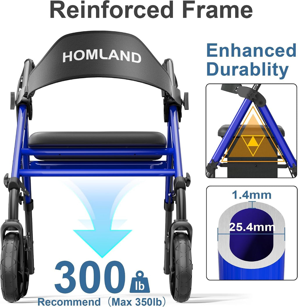 HOMLAND Foldable Rollator Walkers for Seniors with Seat, 17 lb Lightweight | 8" All-Terrain Rubber Wheels, Reinforced Aluminum Frame, Cup Holder, 16'' Enlarged Seat, Height Adjustable, Easy Assembly