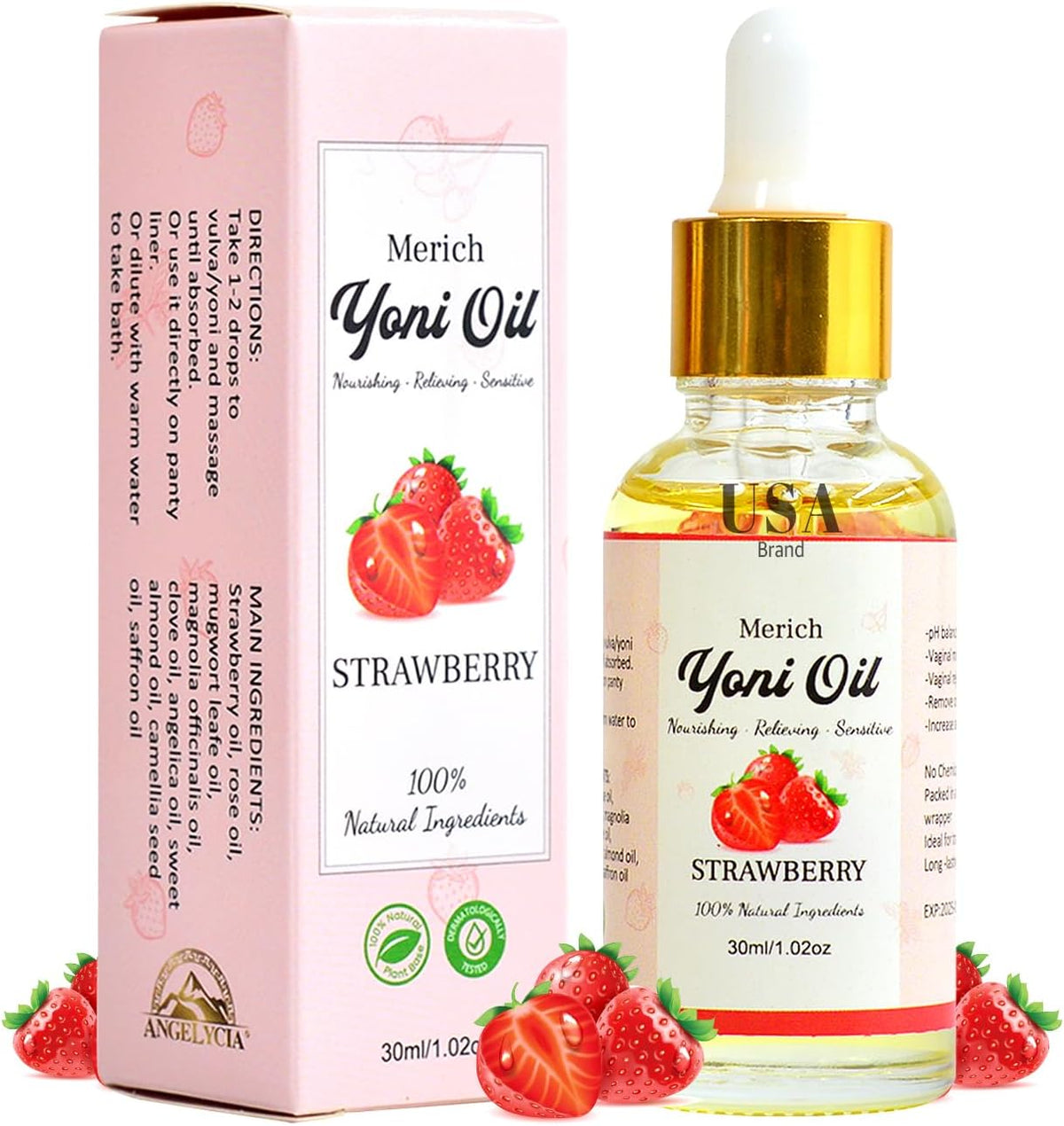 MERICH Natural Yoni Oil for Women | pH Balancing Vaginal Detox Oil, Strawberry | Rejuvenating Formula for Dark Spots & Ingrown Hair | Odor Eliminator & Gentle Cleansing Feminine Care | 1 oz