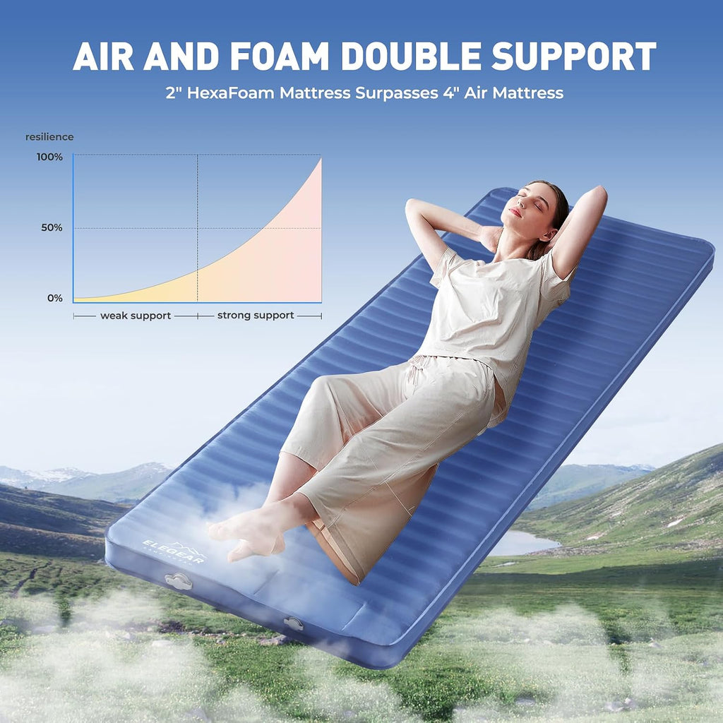 Elegear Air & Foam Camping Sleeping Pad, HexaFoam Camping Mattress Pad with Built-in Foot Pump Memory Foam Camp Pad 4-Season Camp Sleeping Mat for Travel/Car/Tent