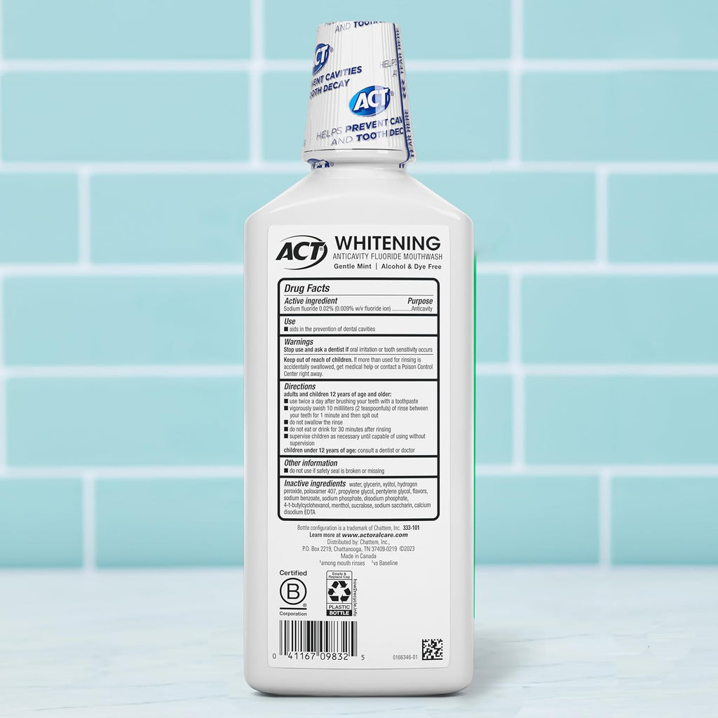 ACT Whitening + Anticavity Fluoride Mouthwash 16.9 fl. oz. With Zero Alcohol, Dye Free, Gentle Mint