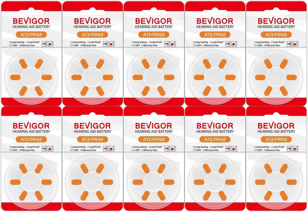 BEVIGOR Hearing Aid Batteries Size 13, Mercury Free (60 Count), Zinc Air Batteries, Easy to Open and Carry, 1.45V, Long Lasting Batteries