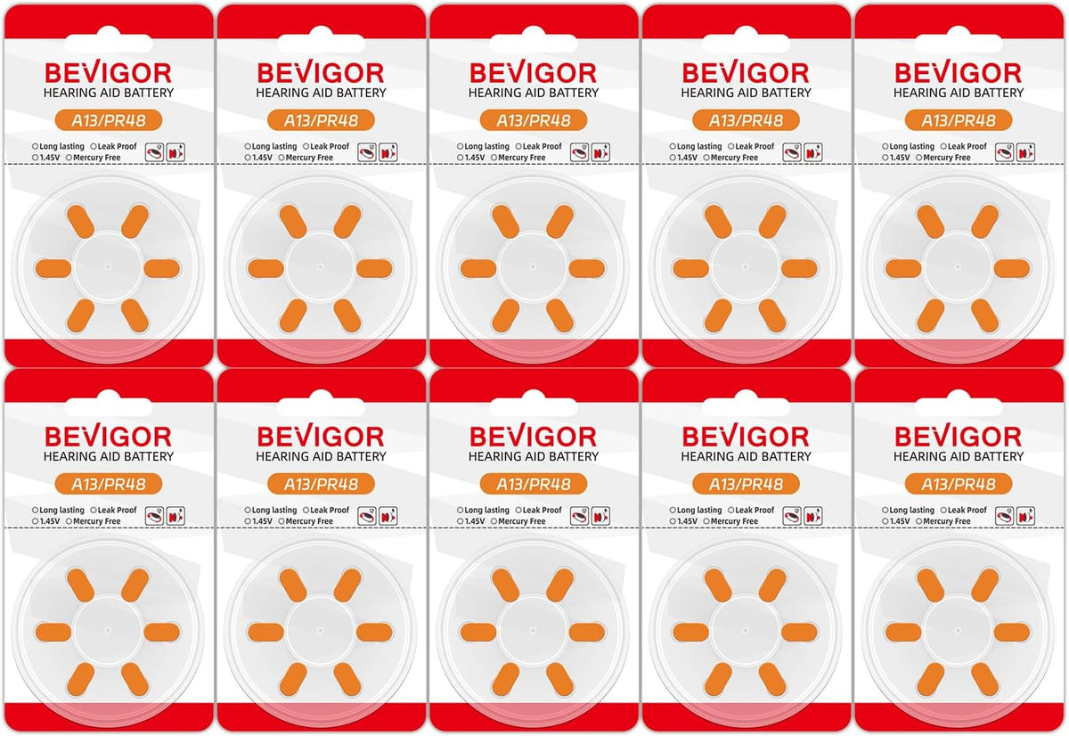 BEVIGOR Hearing Aid Batteries Size 13, Mercury Free (60 Count), Zinc Air Batteries, Easy to Open and Carry, 1.45V, Long Lasting Batteries