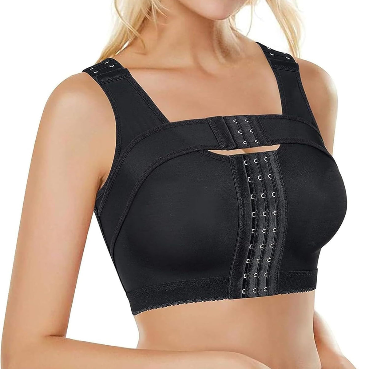 Post-Surgical Support Bra with Adjustable Front Closure and Compression Band for Comfort and Recovery (Black, L) #6028