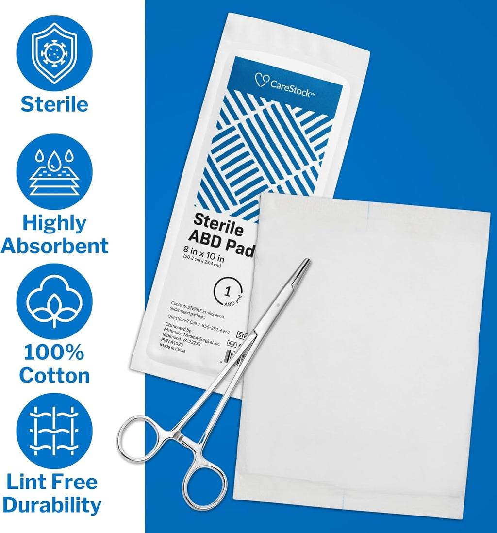 CareStock Abdominal Pads 8x10 in [48-Pack] Sterile ABD Pads, Extra Absorbent, Individually Wrapped, Wound Care First Aid, 24 Count, Pack of 2