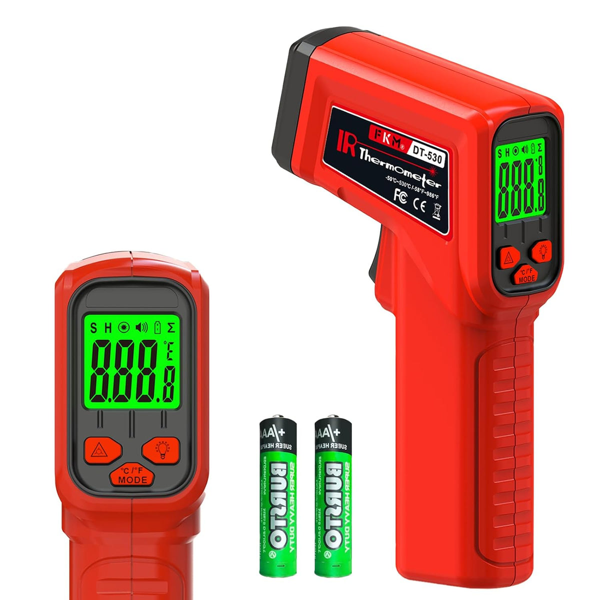 FKM Infrared Thermometer Gun Non-Contact Laser Thermometer Gun -58°F~986°F | (-50°C~530°C) Digital Temperature Gun for Cooking,Oven,Griddle,Automotive,HVAC,Industrial,Adjustable Emissivity,Not for Human