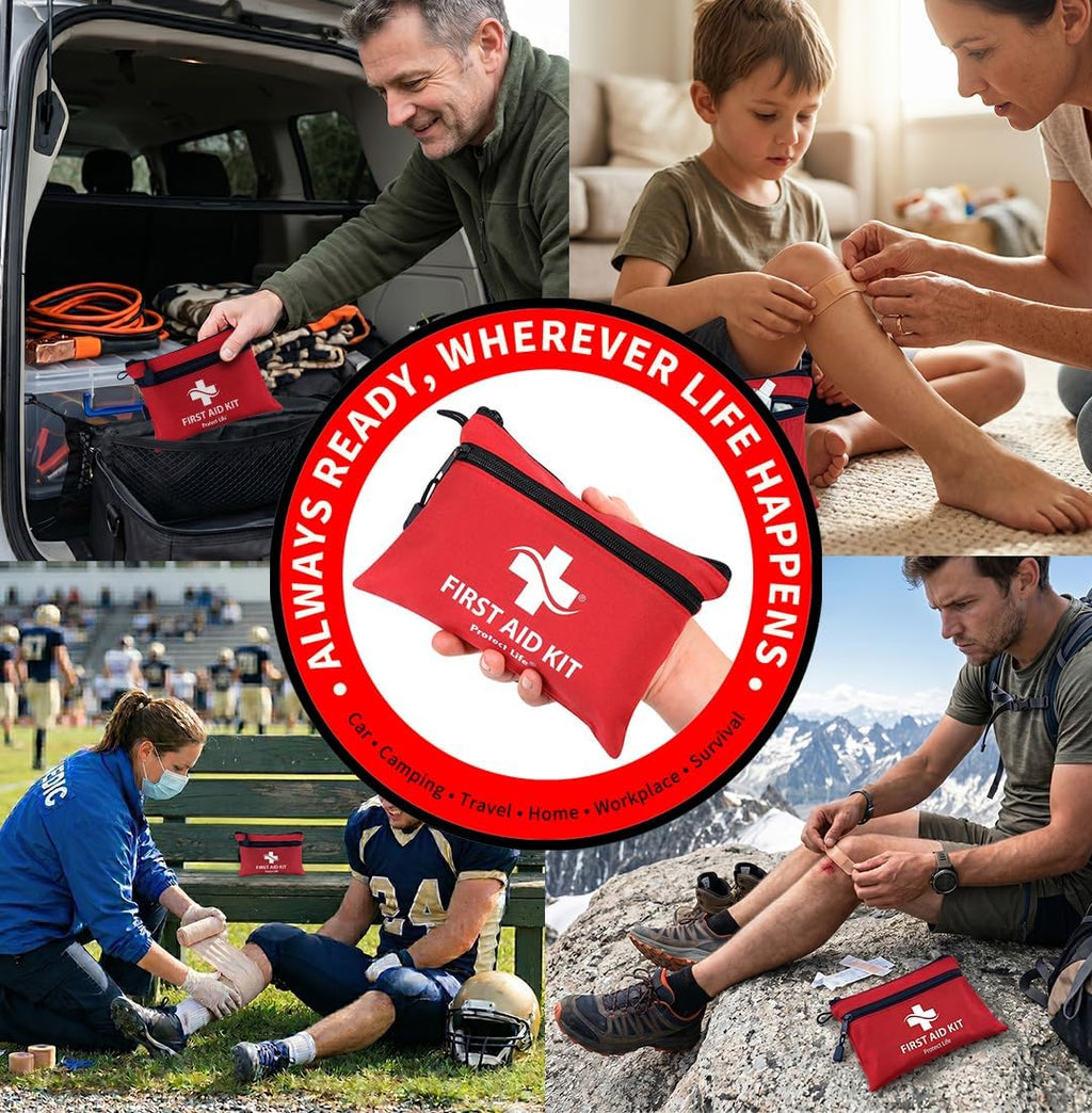 Protect Life Travel First Aid Kit for Car - Small Mini Emergency Kit, 100 Piece Waterproof First Aid Kit for Home, Camping, Boat & Hiking - Includes Emergency Blanket & First Aid Guide