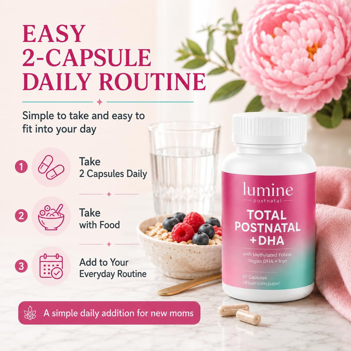 LUMINE Organics Postnatal Vitamins for Women 60 Capsules | Postnatal Nutrition with 20 Essential Nutrients, 200 mg Plant-Based DHA, Methylated Folate, Iron and Biotin for New Moms