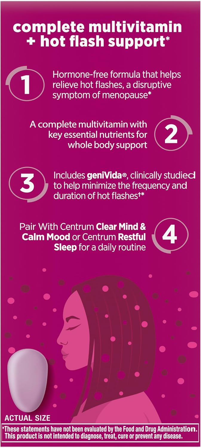 Centrum Complete Multivitamin Supplement, 30 Count | Hot Flash Support Menopause Support Tablets, with Clinically Studied geniVida, Gluten Free, Non-GMO Ingredients