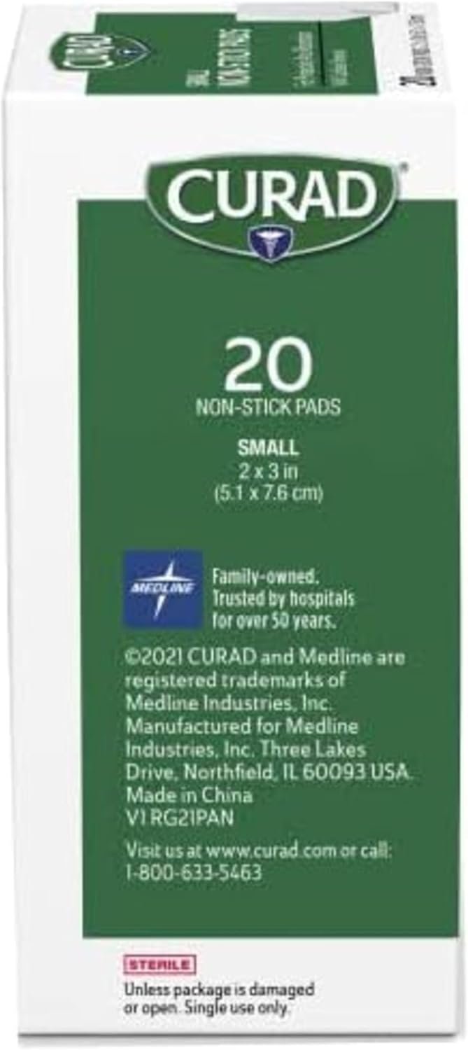 Curad Non-Stick Pads, 2 X 3 Inch(5.1 x 7.6 cm), 20 Count | Supports Wound Care and First Aid, Absorbent and Breathable for Healing, Ouchless Removal, Can Be Cut to Fit, Polyester Pad