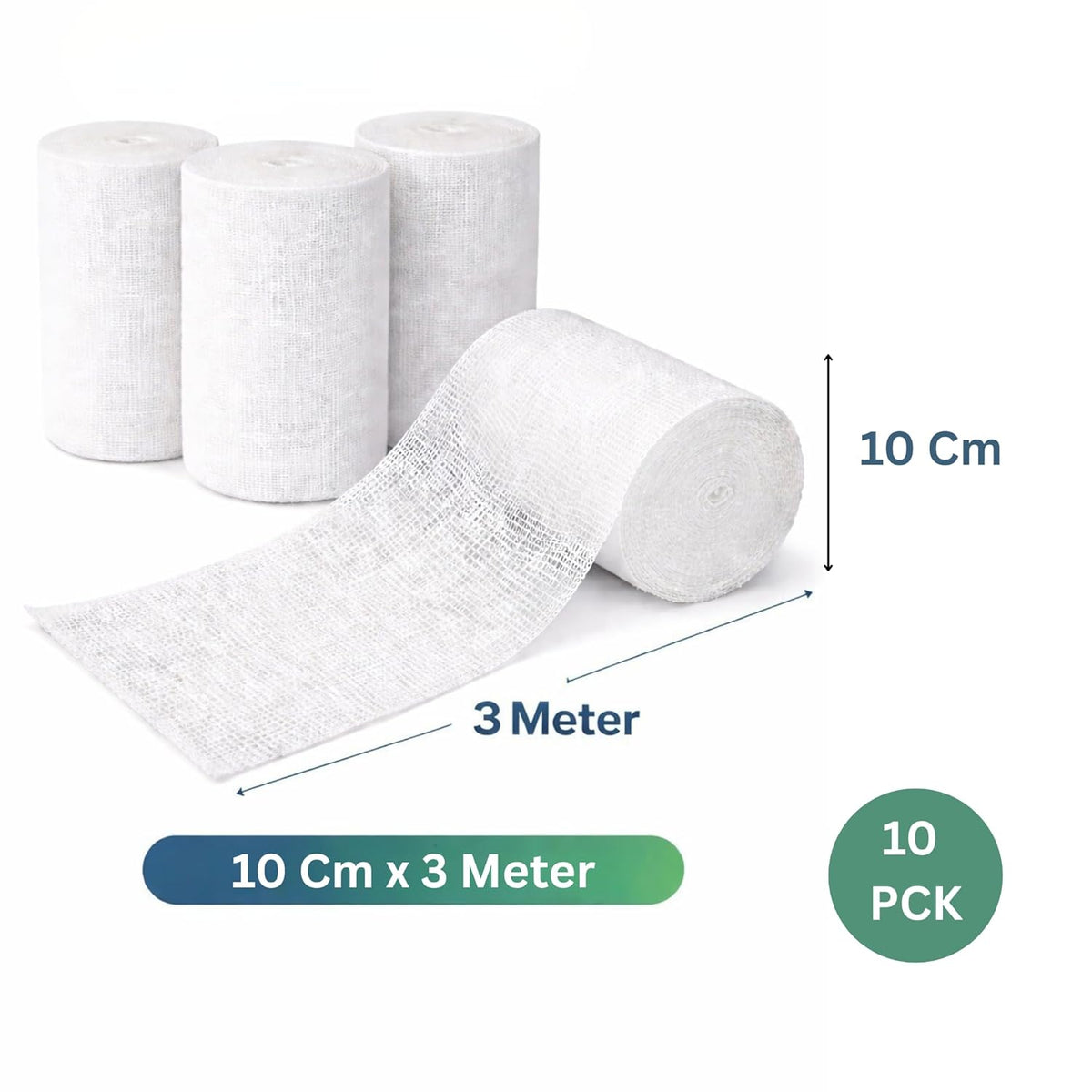Gauze Roll Bandage 10 cm x 3 Meter Pack of 10 | Non-Sterile Cotton Roller Bandage for Wound Dressing, First Aid, Medical & Surgical Use | Soft, Breathable & Absorbent (10)