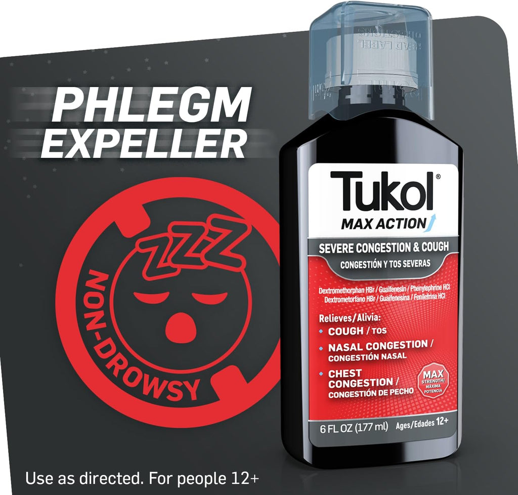 TUKOL Max Action Severe, Cough and Congestion Medicine for Adults, 6 Fl Oz | Expectorant Cough Syrup, DM Cough Syrup, Dry Cough Cold and Sore Throat Medicine, Chest Decongestant, 12+ Years