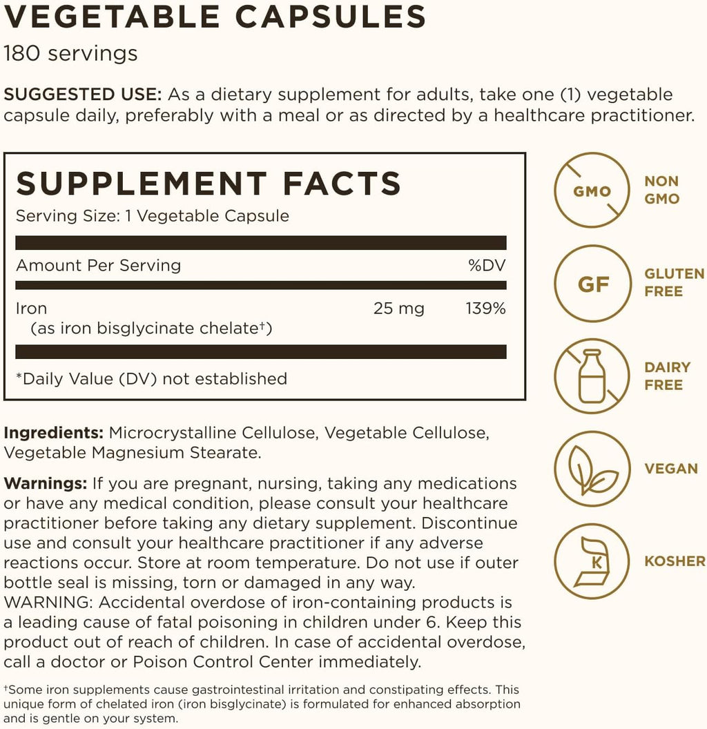 Solgar Gentle Iron, 180 Vegetable Capsules, Red Blood Cell Supplement