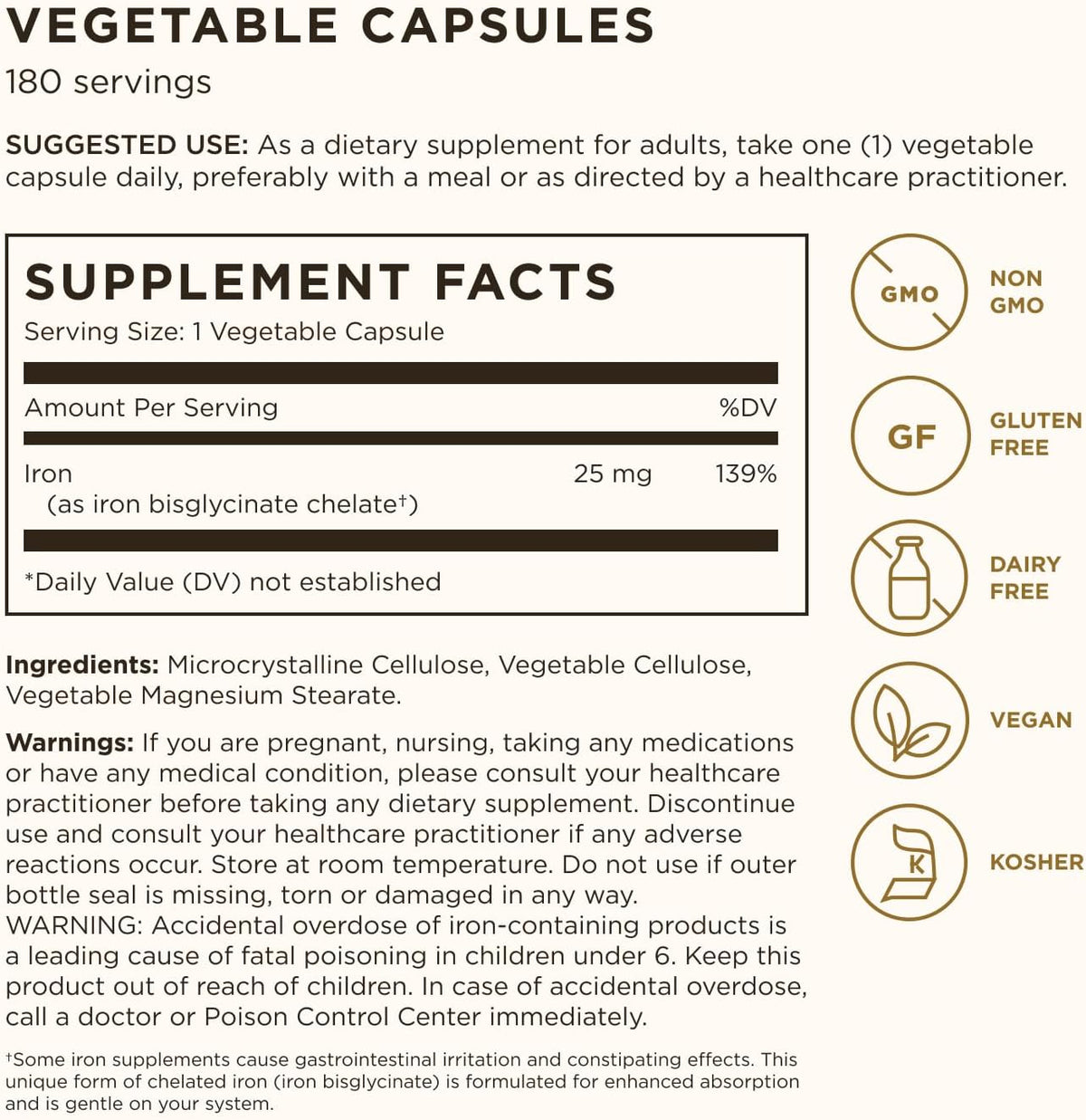 Solgar Gentle Iron, 180 Vegetable Capsules, Red Blood Cell Supplement