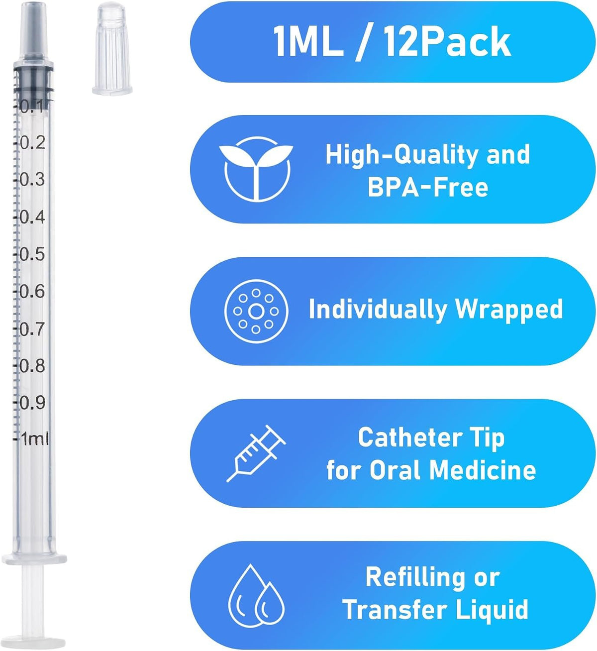 12pack 1ml Syringes Without Needle Plastic for Liquid, Measuring, Ink Refilling, Oil, Liquids Glue Applicator, With Cap