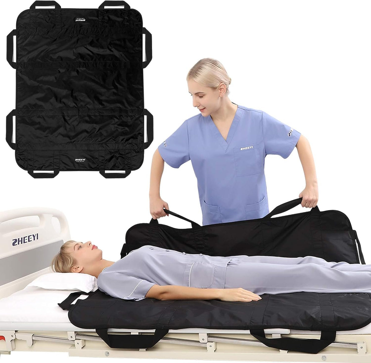 Bed Positioning Pad with Reinforced Handles 48" x 40" Lifting Turning Patient Sheet Transfer Blanket for Caregiver, Bedridden, Elderly, Black