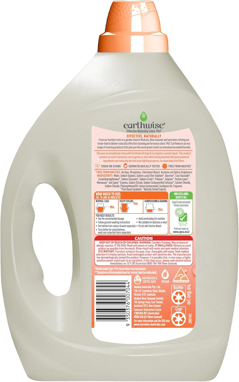 Earthwise Orange & Eucalyptus Laundry Washing Detergent Liquid 2L, 40 Washloads, Suitable for Front & Top Loader, Tough on Stains, Plant Powered Cleaning Action with Naturally Derived Enzymes