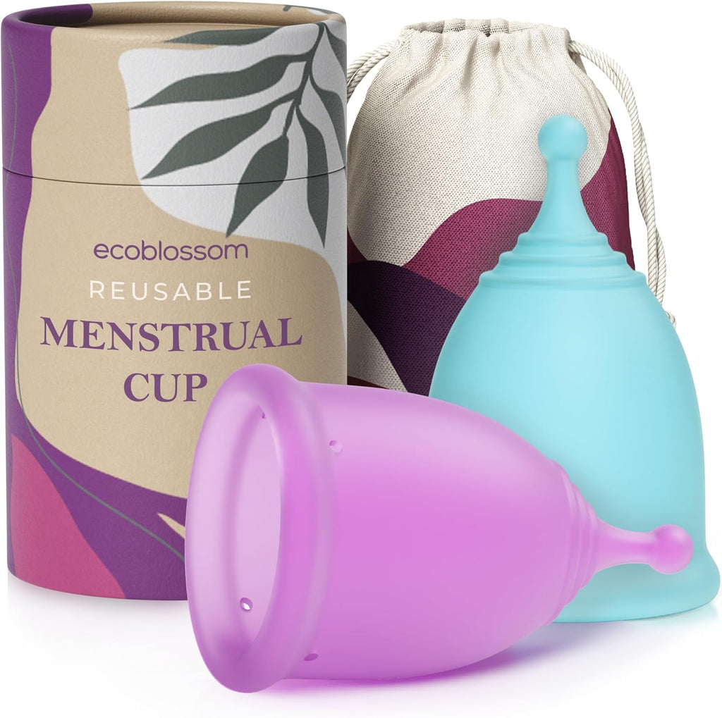 EcoBlossom Reusable Menstrual Cup Set - The Most Reliable Medical Grade Silicone Period Cups - Comfortably use for 12 Hours (Small & Large)