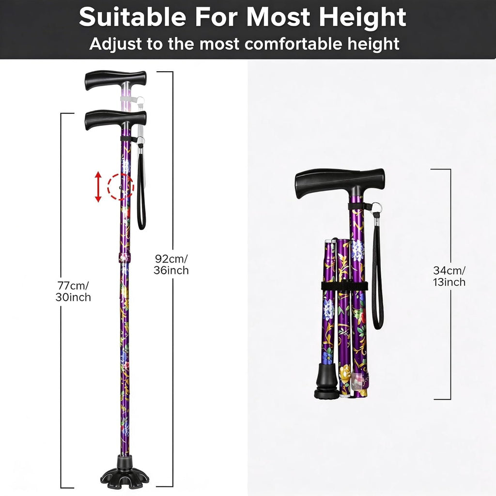 Floral Canes for Women Folding Cane for Stability with Non-Slip Base, Adjustable Walking Cane for Seniors - Lightweight Collapsible Walking Sticks with T & Offset Handle