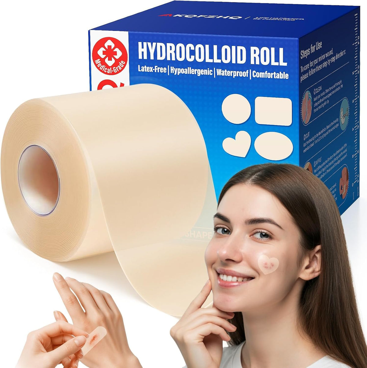 Medical Grade Hydrocolloid Roll for Wound Care, 5cm × 4m Adhesive Bandages, Waterproof Pimple Patch Roll, Ultra Absorbent Large Hydrocolloid Patch for Acne,Blisters,Burns,and Minor Cuts