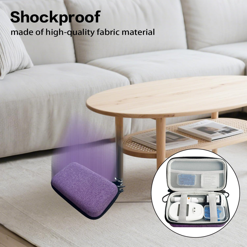 Diabetes Supplies Travel Case, Portable Glucose Monitor Case for Blood Sugar Test Strips, Lancets, Lancing Device, with 2 small transparent boxes and 1 climbing buckle (purple)