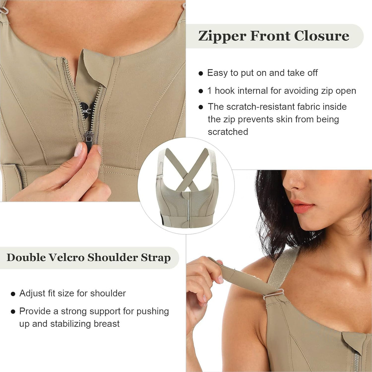 FEOYA Sports Bras for Women Zip Front Sports Bra X-Back Fitness Yoga Tank Tops Compression Bra High Impact for Running