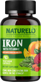 NATURELO Vegan Iron Supplement with Vitamin C and Organic Whole Foods - Gentle Iron Pills for Women & Men with Iron Deficiency Including Pregnancy, Anemia and Vegan Diets - 90 Mini Capsules