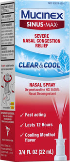 Mucinex Sinus-Max Nasal Spray Decongestant, 12 Hour Over-The-Counter Medication Nose Spray for Sinus Relief, Nasal Decongestants for Adults & Sinus Congestion, Clear & Cool 3/4 Fl Oz(22ML)