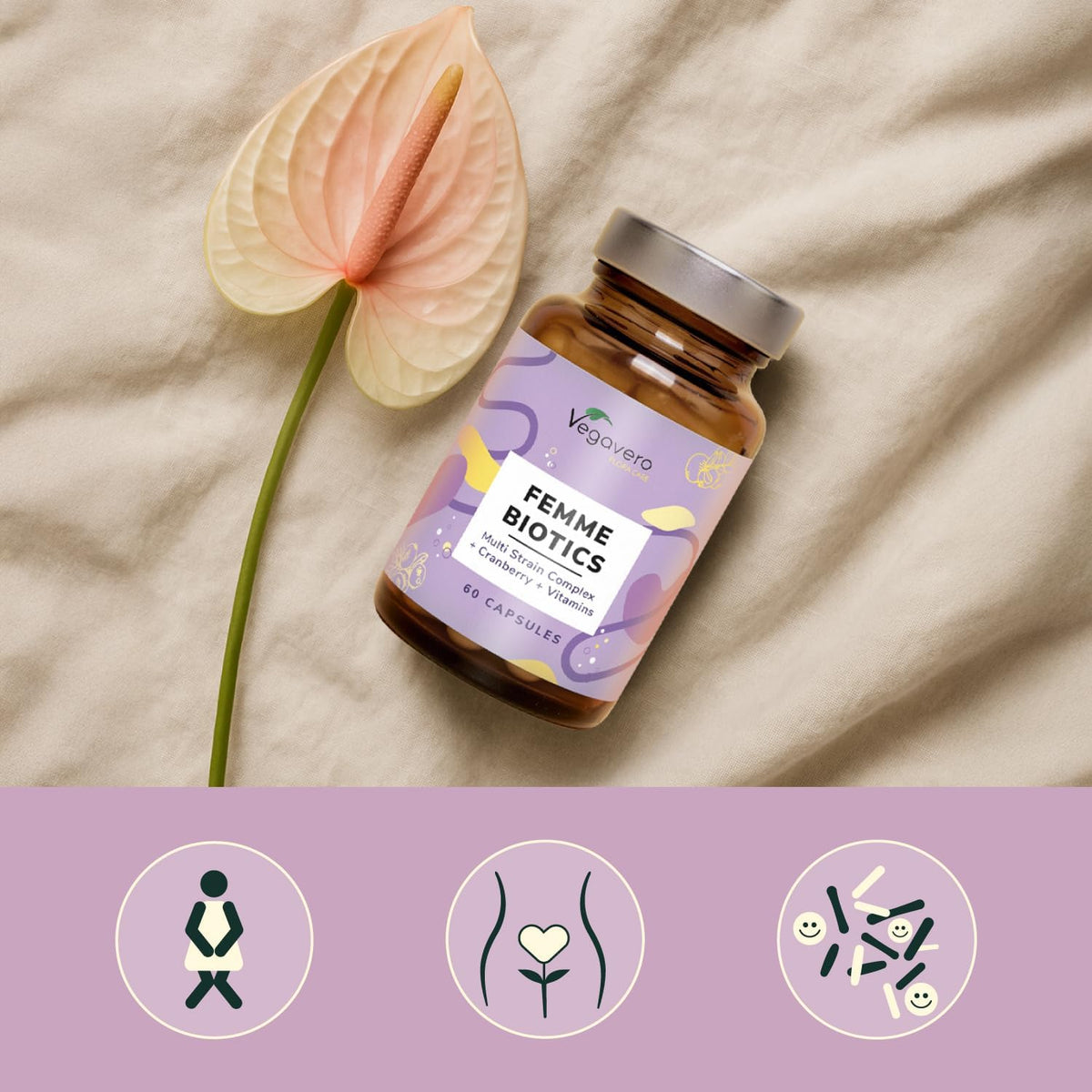 WOMAN PROBIOTICS | Intimate Flora and Natural Defense | 6 Strains + Vitamins C, B3, B7 and B9 | 60 Capsules | Vegan and No Additives | Femme Biotics Vegavero