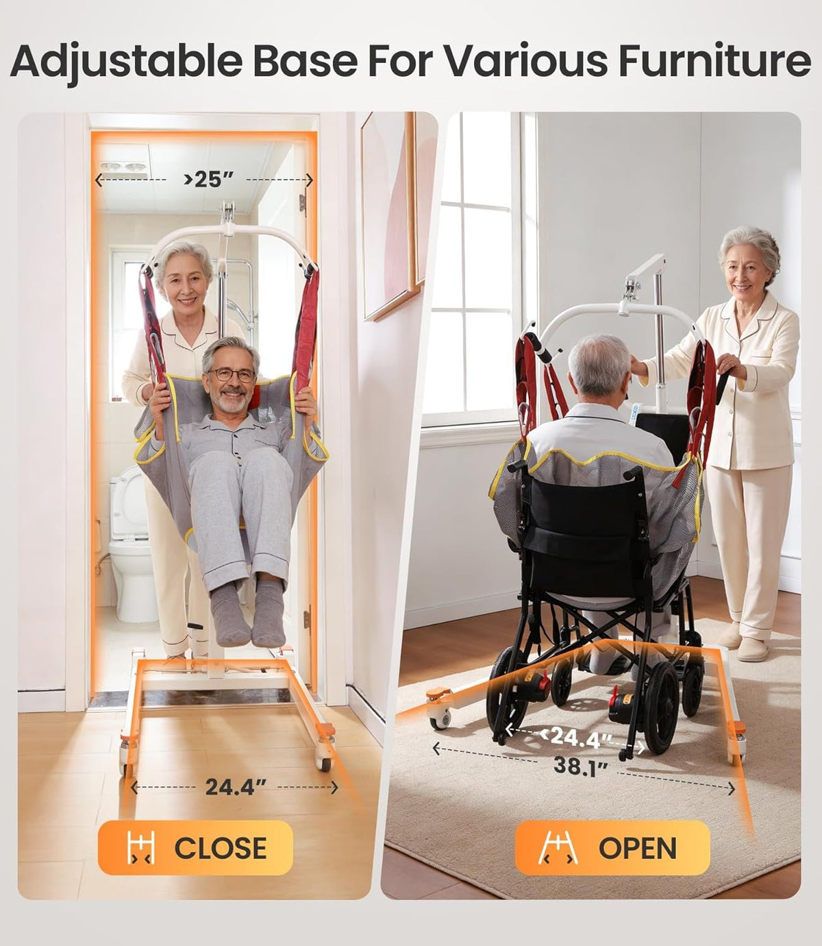 VOCIC Electric Patient Lift for Home, Floor-to-Bed Transfer Aid Lift Chair for Elderly, Foldable Patient Lift with Wireless Lithium Handset, Manual Emergency, 330lbs Capacity, Includes Sling, AY05
