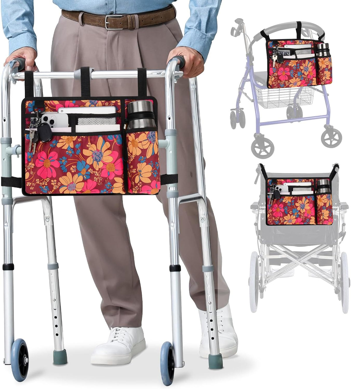 supregear Accessories Bag for Walker, Wheelchair, Rollator - Walker Basket Bag w/Cup Holder - Seniors Caddy Attachment Pouch for Walkers, Water Resistant Large Capacity Carry Storage Carrier Tote