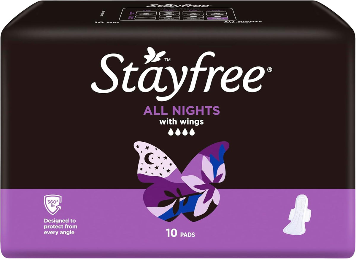 Stayfree All Nights Pads With Wings 10 Pack|Faster Absorption | Neutralises Odour|Cottony-Soft Quilted Cover| Keeps Dry and Comfortable