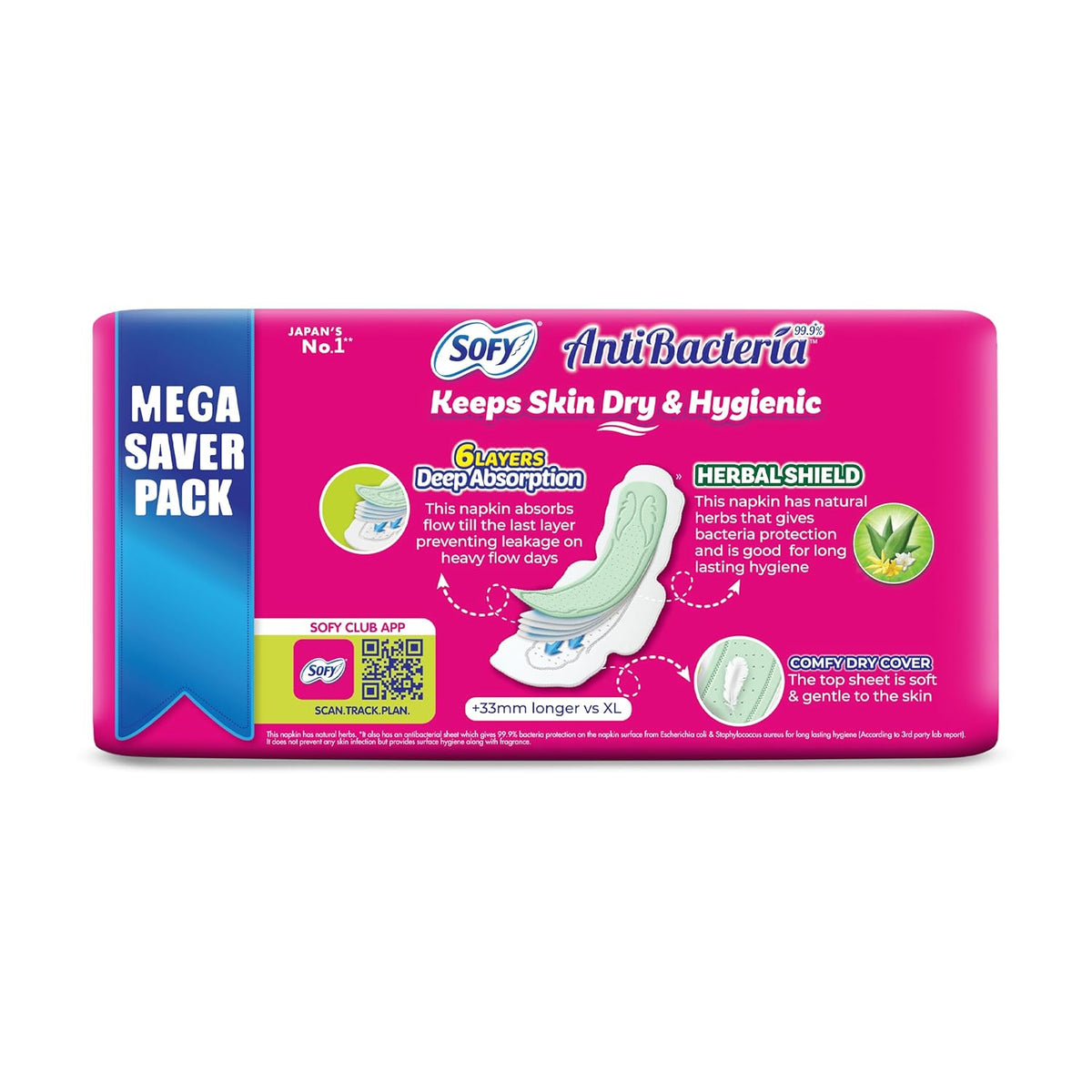 Sofy AntiBacteria XL+ - 323mm | 44 Countpads |For Women Sanitary Pads | Keep Skin Dry | 6 Layer Deep Absorption | Herbal Sheild | Hygiene & Herbs | XX-Large