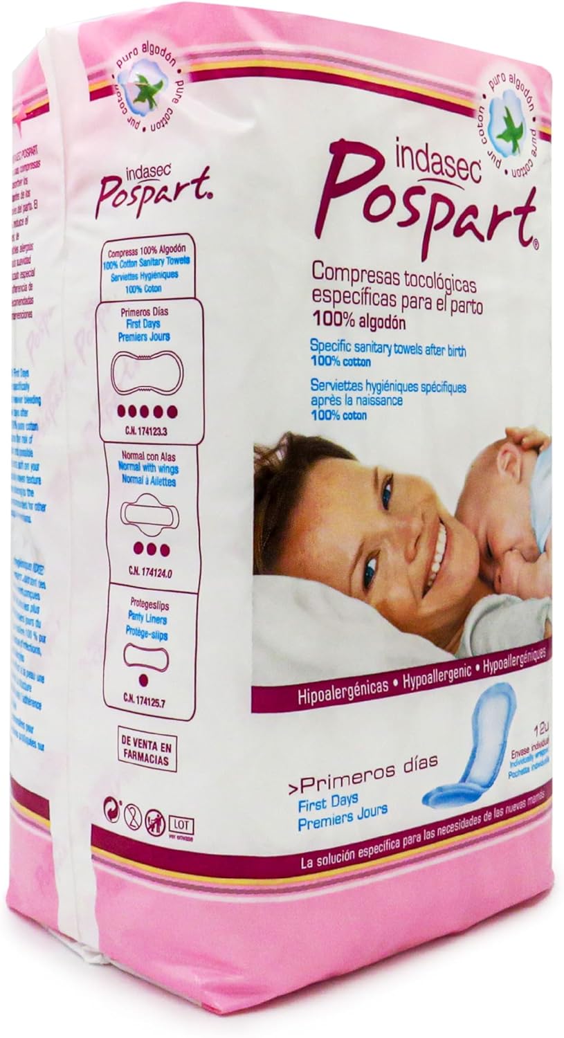 Indasec 100% Cotton Tocological Postpartum Pads - 12 Sanitary Towels - Hypoallergenic