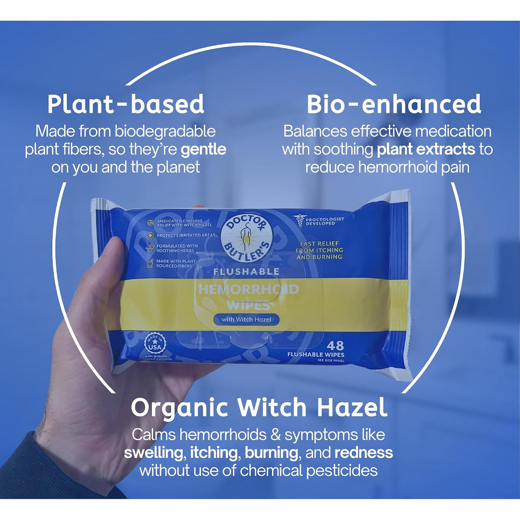 Doctor Butler's Flushable Hemorrhoid Wipes - Flushable Wipes or Moist Compress with Organic Witch Hazel to Soothe and Bring Relief From Discomfort Associated with Hemorrhoids (48 Count)