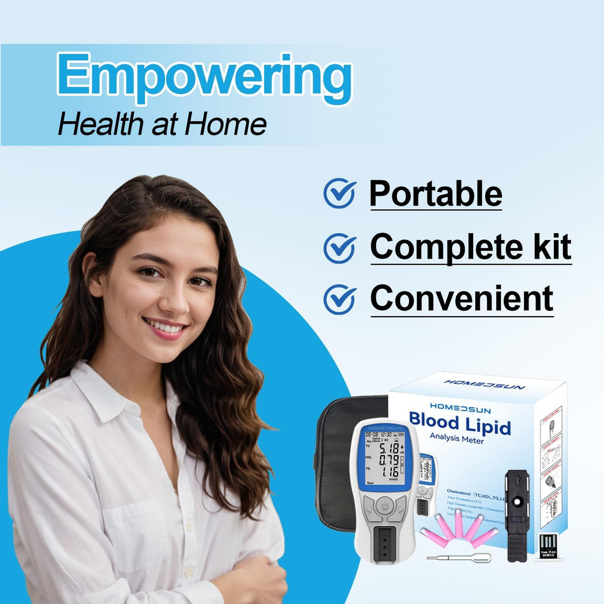 HOMEDSUN HSLPM102 4-in-1 Cholesterol Meter Kit with 10 Strips Lancets