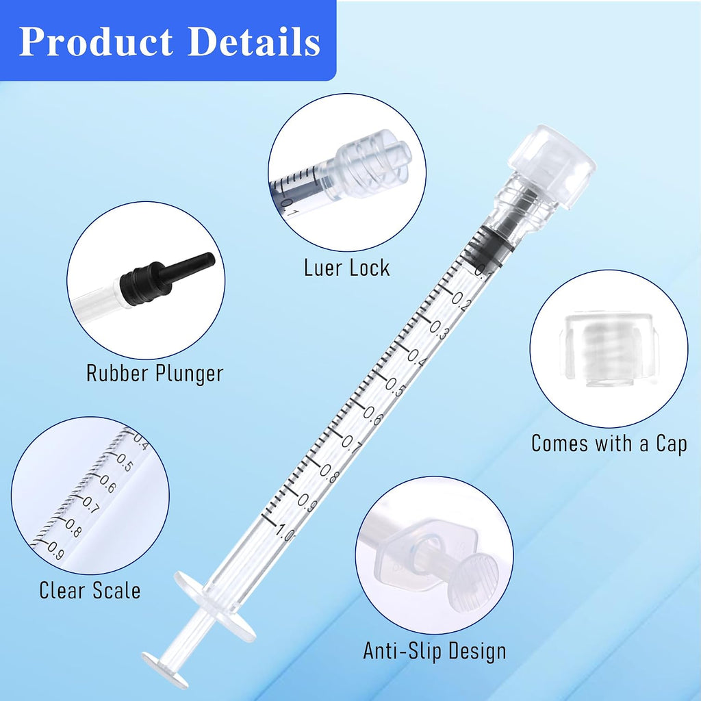 1ml Syringes Without Needle, 20Pack Plastic Syringe With Cap for Liquid, Measuring, Ink Refilling, Oil, Liquids Glue Applicator, Individually Sealed