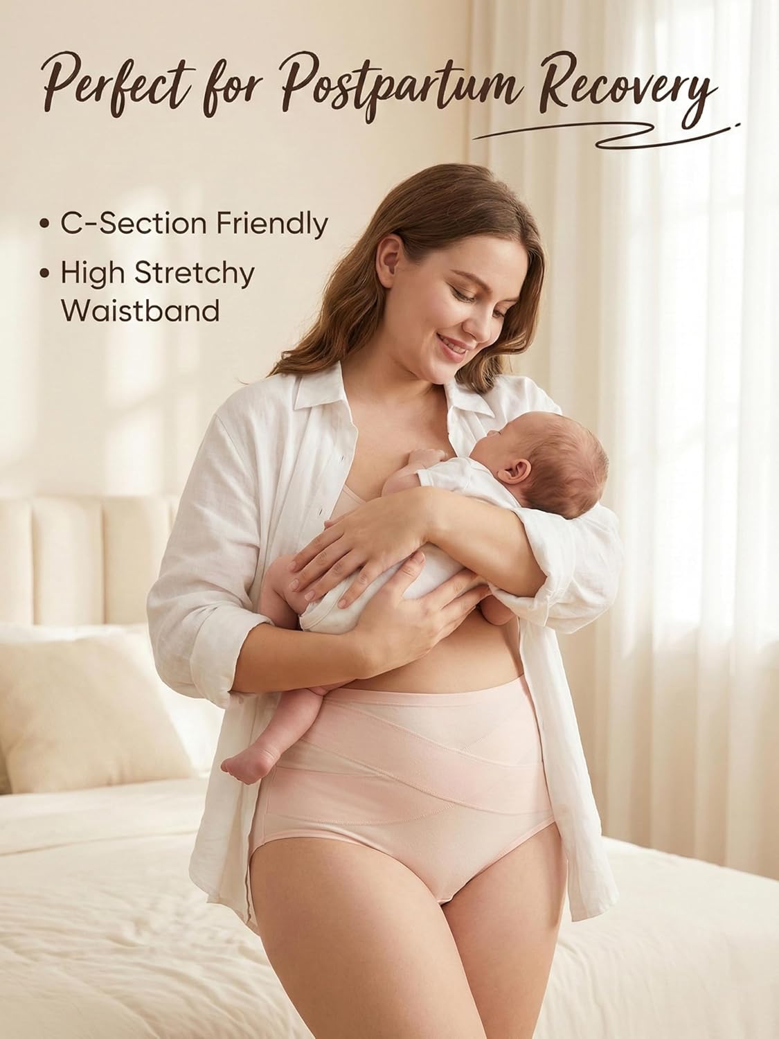 newnice High Waisted Cotton Underwear Women 4 Pack Soft Postpartum Panties Full Coverage Breathable C Section Tummy Control Briefs