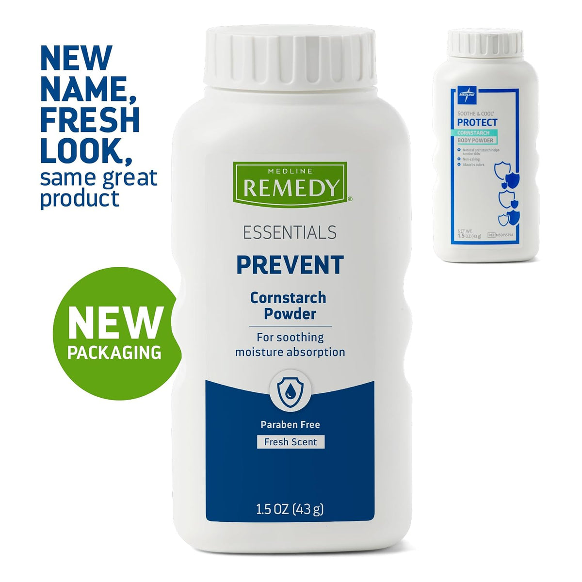 Medline Remedy Essentials Cornstarch Powder (1.5 oz Bottle), Fresh Scent, Talc Free, Travel Size, Skin Care, Absorbs Sweat, Soothes, Reduces Friction & Chafing, for Adults, Feet, Groin
